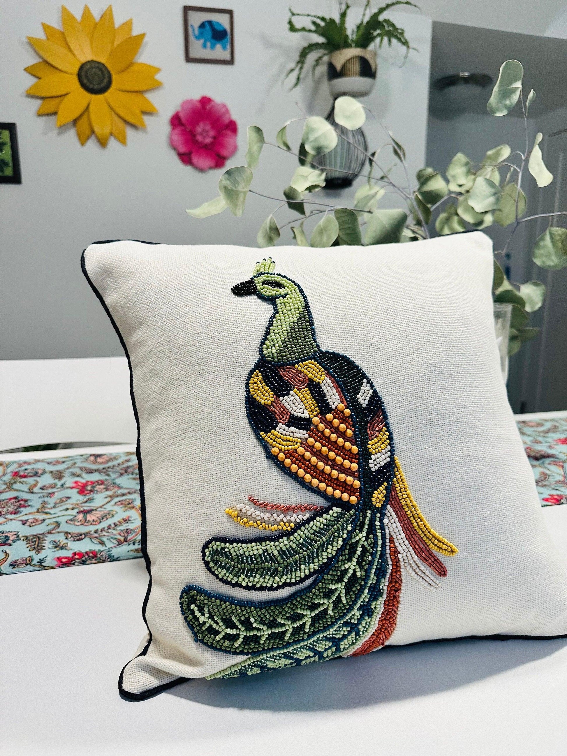 Ornate Peacock Beaded Throw Pillow Cover - DewDropHues