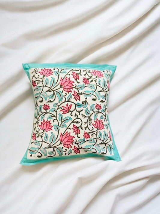 Lotus Vines Hand Block Printed Throw Pillow Cover - DewDropHues